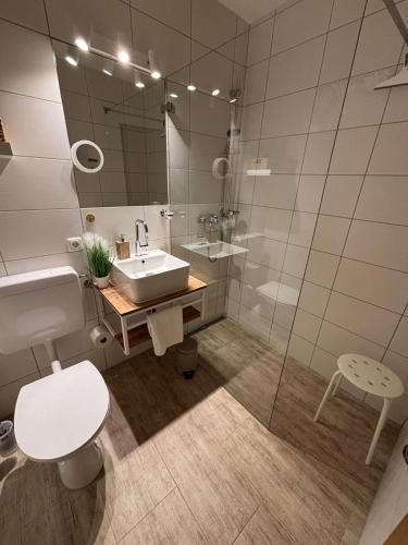 a bathroom with a sink and a toilet and a shower at Apartment Helena in Bad Goisern