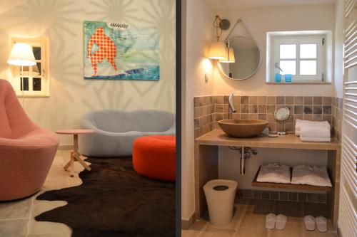 two pictures of a bathroom with a dog on the wall at Boutique Hotel Malo Selo in Herceg-Novi