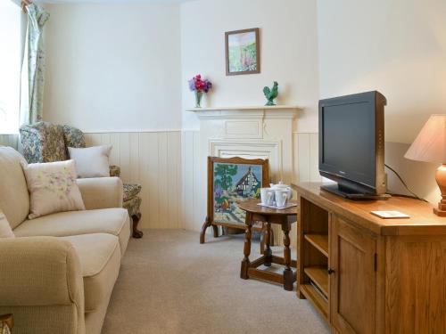 a living room with a television on a wooden table at Winscott Cottage in Pyworthy