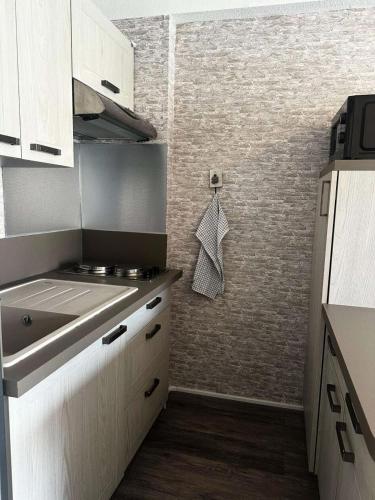 une cuisine avec des armoires blanches et un évier dans l'établissement Résidence La Goëlette - T1 fonctionnel avec parking, proche gare et plage MAE-9224, à Arcachon