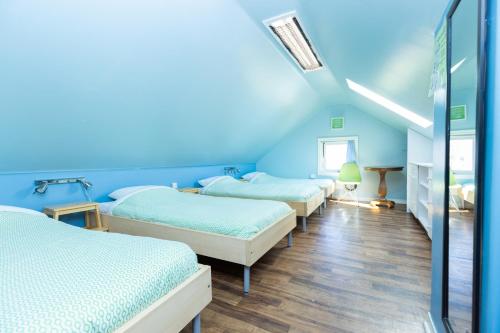 a room with four beds with blue walls and wooden floors at HI Charlottetown Backpacker's Inn in Charlottetown