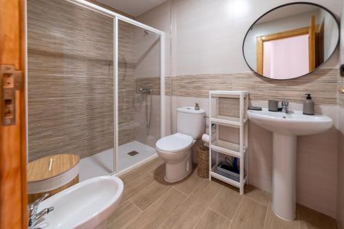 a bathroom with a toilet and a sink and a mirror at Apartamento Monte Mar 2 in Haza del Trigo