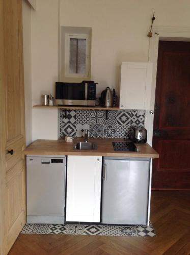una pequeña cocina con armarios blancos y fregadero en Cocon au pied de la Croix Rousse en Lyon