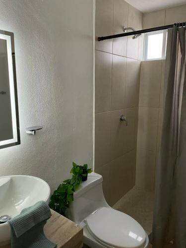 a bathroom with a toilet and a shower and a sink at Departamento exclusivo Liverte in Cancún