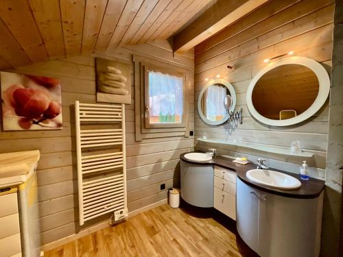 ein Badezimmer mit Waschbecken und Spiegel in der Unterkunft Le Murmure du Ruisseau, 4 étoiles avec sauna et terrasse in La Bresse
