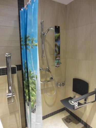 a bathroom with a shower with a glass door at Cleo´s Hotel Kallstadt in Kallstadt