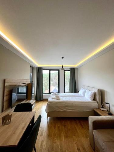 a bedroom with a bed and a couch and a table at Blanc Apartments Zlatibor Center in Zlatibor