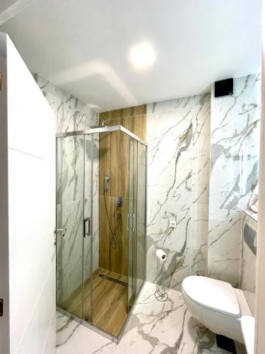 a bathroom with a shower and a toilet at Blanc Apartments Zlatibor Center in Zlatibor