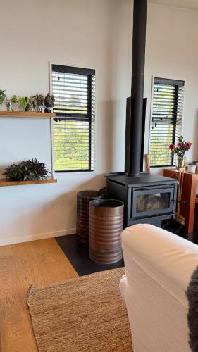 a living room with a wood stove in a room at Luxury Retreat with Ocean Views, Sauna & Plunge in Christchurch