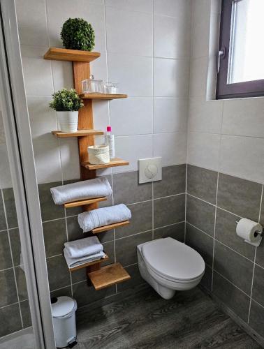 La salle de bains est pourvue de toilettes et de serviettes sur les étagères. dans l'établissement Studio Le Paradis Vert Aix-en-Provence, parking, piscine, à Aix-en-Provence