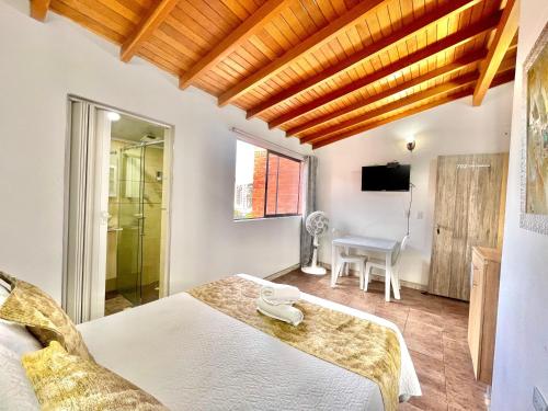 a bedroom with a bed and a shower and a television at Hotel Torre Primavera in Medellín