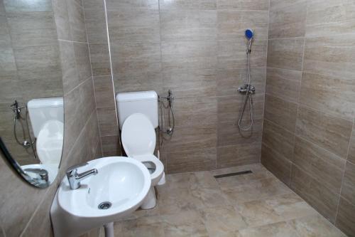 a bathroom with a toilet and a sink and a shower at Apartment Horizontes Azules in Konjic