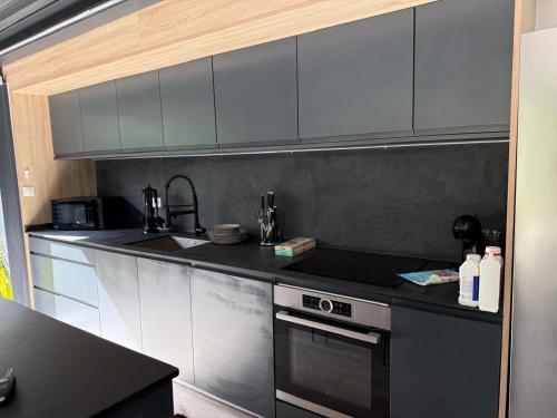 a kitchen with a sink and a stove top oven at SCI La Frondaison in Le Lamentin