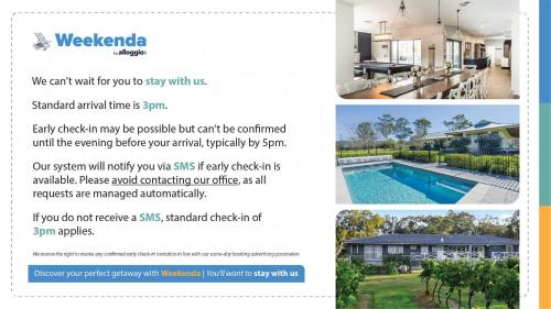 a page of a flyer for a house with a swimming pool at Lake Macquaries' Edgewater Studio at Morisset Memories in Morisset East