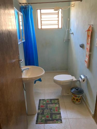 a bathroom with a sink and a toilet and a window at Chácara do Maurão - tranquility and nature in Serra Negra