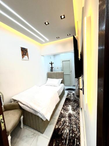 a bedroom with two beds and a tv in it at استوديو فندقي بالزمالك in Cairo