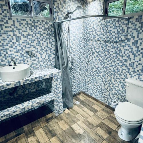 a bathroom with a toilet and a sink and a shower at La Casa de Bianca in El Soberbio