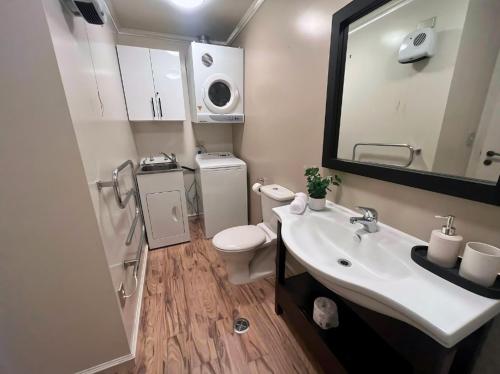a bathroom with a sink and a toilet and a mirror at Cozy Cardrona Apartment in Cardrona