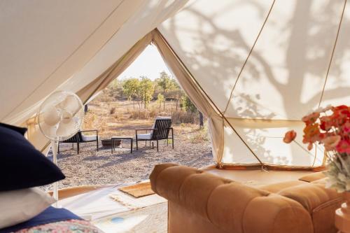 a tent with a couch and chairs in it at Gorge View Bush Retreat : Katherine NT in Katherine