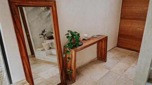 a hallway with a mirror and a table with a plant at Casa del Loro 3 BR Luxury Villa with Private Pool in Tulum