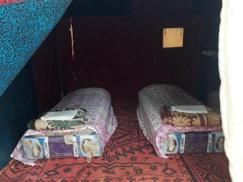 2 łóżka pojedyncze w pokoju z dywanem w obiekcie bain de sabl merzouga bin de sablle w mieście Merzouga