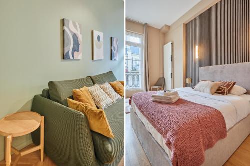- deux photos d'une chambre avec un lit et une chaise dans l'établissement Elegant 2-bedroom apartment - Trocadéro, à Paris