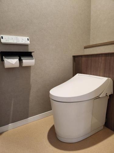 a bathroom with a white toilet and two rolls of toilet paper at Pension Green Lake in Gujo