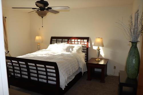a bedroom with a bed and a ceiling fan at Sequoia vacation home in Baker and Hall Airport