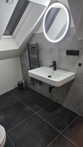 a bathroom with a sink and a mirror at Pension Schmatka Matka in Lutherstadt Eisleben