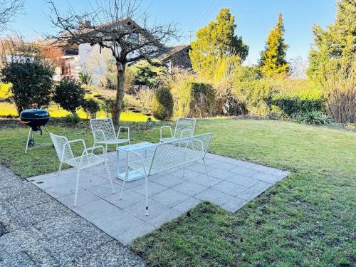 a group of chairs and a table and a grill at Apartment Schwarzwaldhöhen Pforzheim-Birkenfeld in Birkenfeld