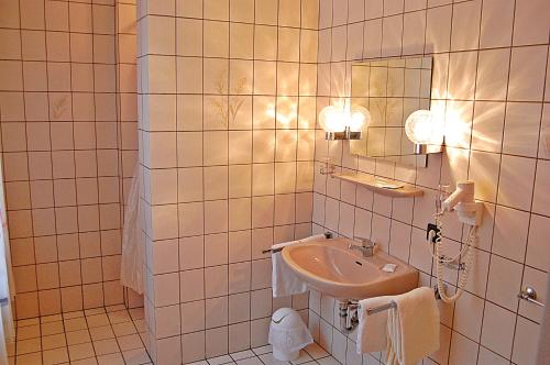 a bathroom with a sink and a mirror at Hotel Hubertushof in Lingen