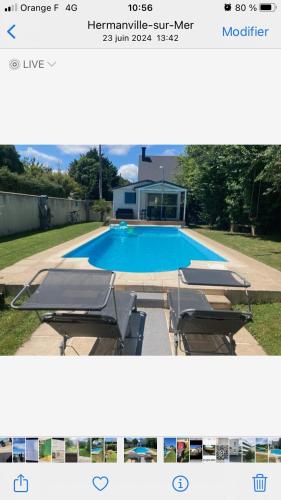 a picture of a swimming pool with lounge chairs at Tiny house in Hermanville-sur-Mer