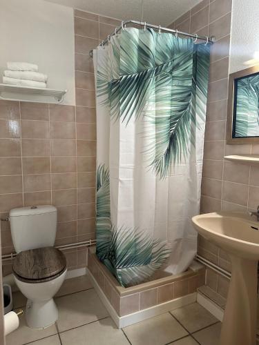 une salle de bain avec un rideau de douche avec des toilettes et un lavabo dans l'établissement Studio - Hotel Porte de France - Self Check In By Homenhancement, à Saint-Louis