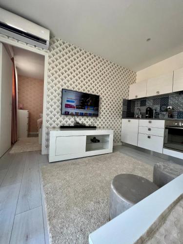 un salon avec une télévision à écran plat sur un mur dans l'établissement La terrasse Fricero, à Nice