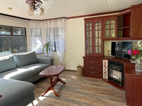 un salon avec un canapé et une télévision dans l'établissement Le Gîte des Oiseaux Un Mobil-Home au Cœur des Champs, à Bellengreville