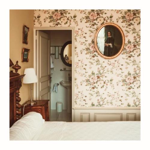 a bedroom with a mirror and flowers on the wall at Hôtel Diderot in Chinon