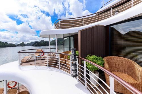 a balcony of a boat on the water at Dream Premium Hotel & Spa in Hanoi