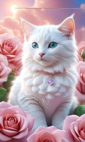 a white cat with blue eyes sitting in roses at Tiboulen in Péronnas