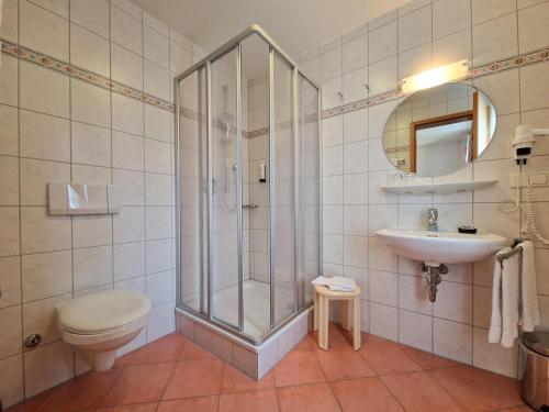 a bathroom with a shower and a toilet and a sink at Mosers Blume Relax & Genuss Hotel in Haslach im Kinzigtal
