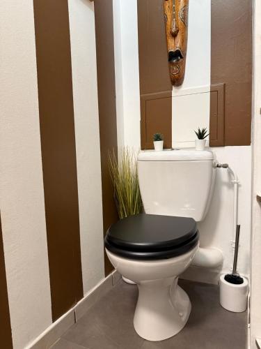 La salle de bains est pourvue de toilettes et d'un couvercle noir. dans l'établissement T2 au cœur du quartier Saint-Cyprien à Toulouse, à Toulouse
