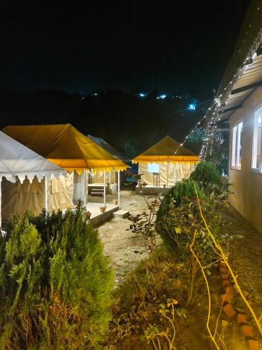 a group of umbrellas in a yard at night at Shakoon Camps & Farmstay Nainital in Nainital