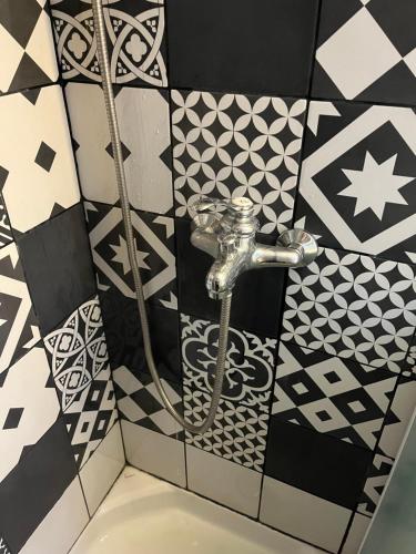 La salle de bains est pourvue d'une douche et de carrelage noir et blanc. dans l'établissement Magnifique f2 en plein centre, à Cabourg