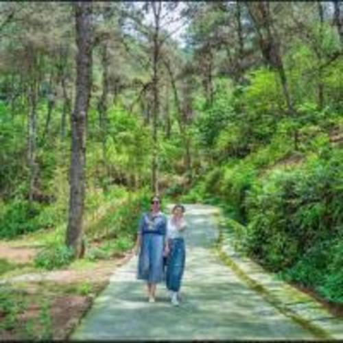two people walking down a path in a forest at SH Homestay - Venuestay in Sóc Sơn