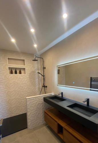 une salle de bain avec un lavabo et un grand miroir dans l'établissement Appartement Mare Vista, à Bastia