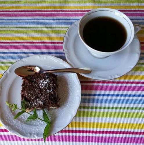 a plate with a piece of cake and a cup of coffee at Puhkemaja Peretuba in Obinitsa