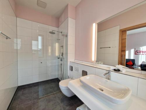 a bathroom with a sink and a toilet and a mirror at Mosers Blume Relax & Genuss Hotel in Haslach im Kinzigtal