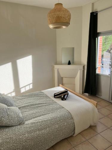 - une chambre avec un lit et une paire de lunettes dans l'établissement Appartement de la République, à Carbonne