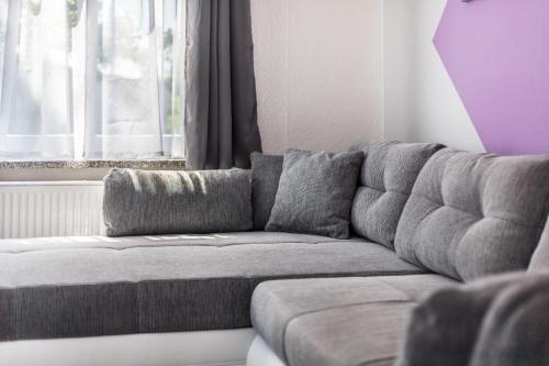 een grijze bank in een woonkamer met een raam bij Fewo Rosenhof TW 112 in Kühlungsborn