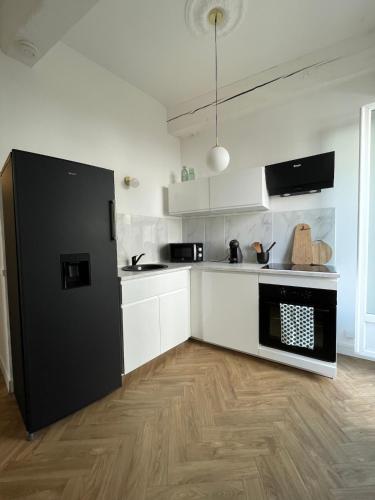 Il comprend une cuisine équipée d'un réfrigérateur noir et de placards blancs. dans l'établissement Plein centre de vienne avec balcon, à Vienne