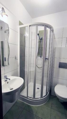 a bathroom with a shower and a sink at Jaś i Małgosia nad Jeziorem Wigry in Rosochaty Róg